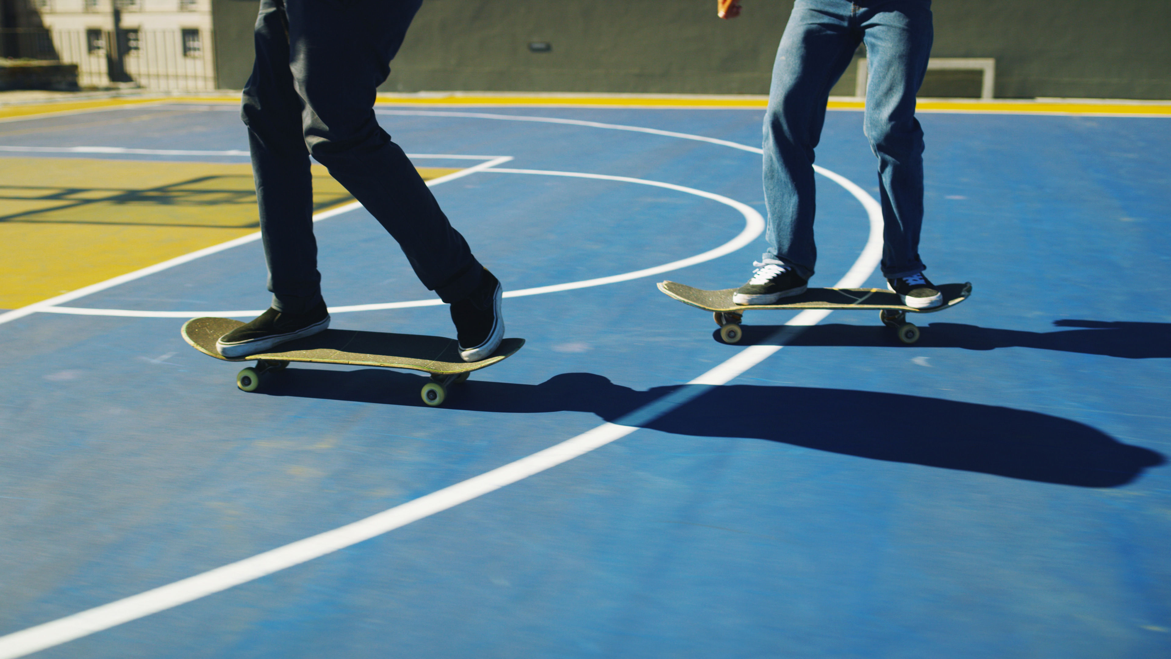Skateboard, legs and friends outdoor for sport, competition challenge and fitness. Skate park, shoe